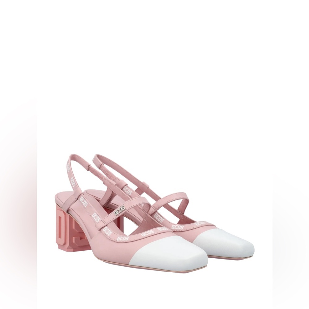 NEW GCDS Leather Lilit Slingback Pink Logo Pumps Block Heels Coquette Feminine - Picture 3 of 15